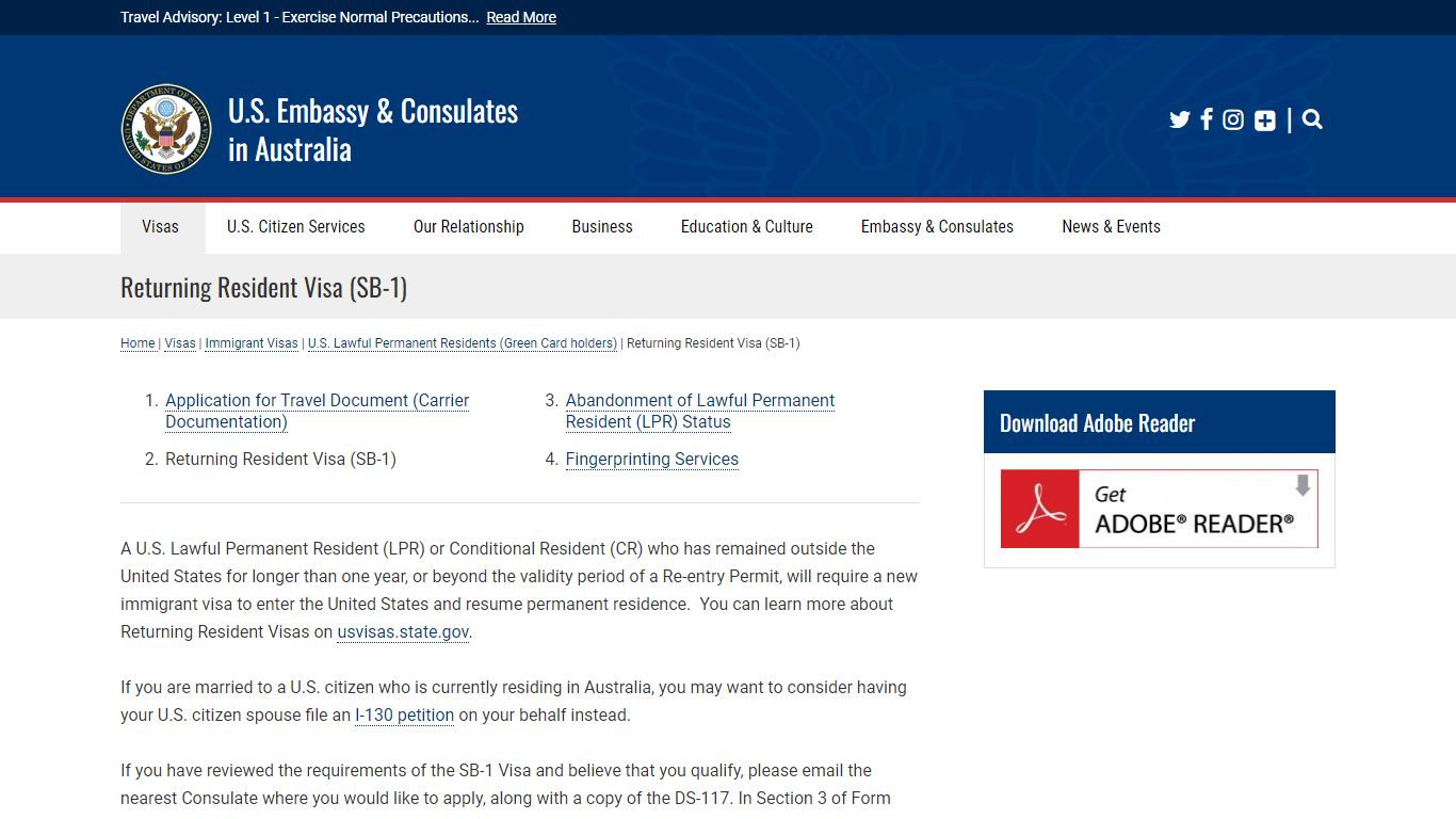 Returning Resident Visa (SB-1) - U.S. Embassy & Consulates in Australia